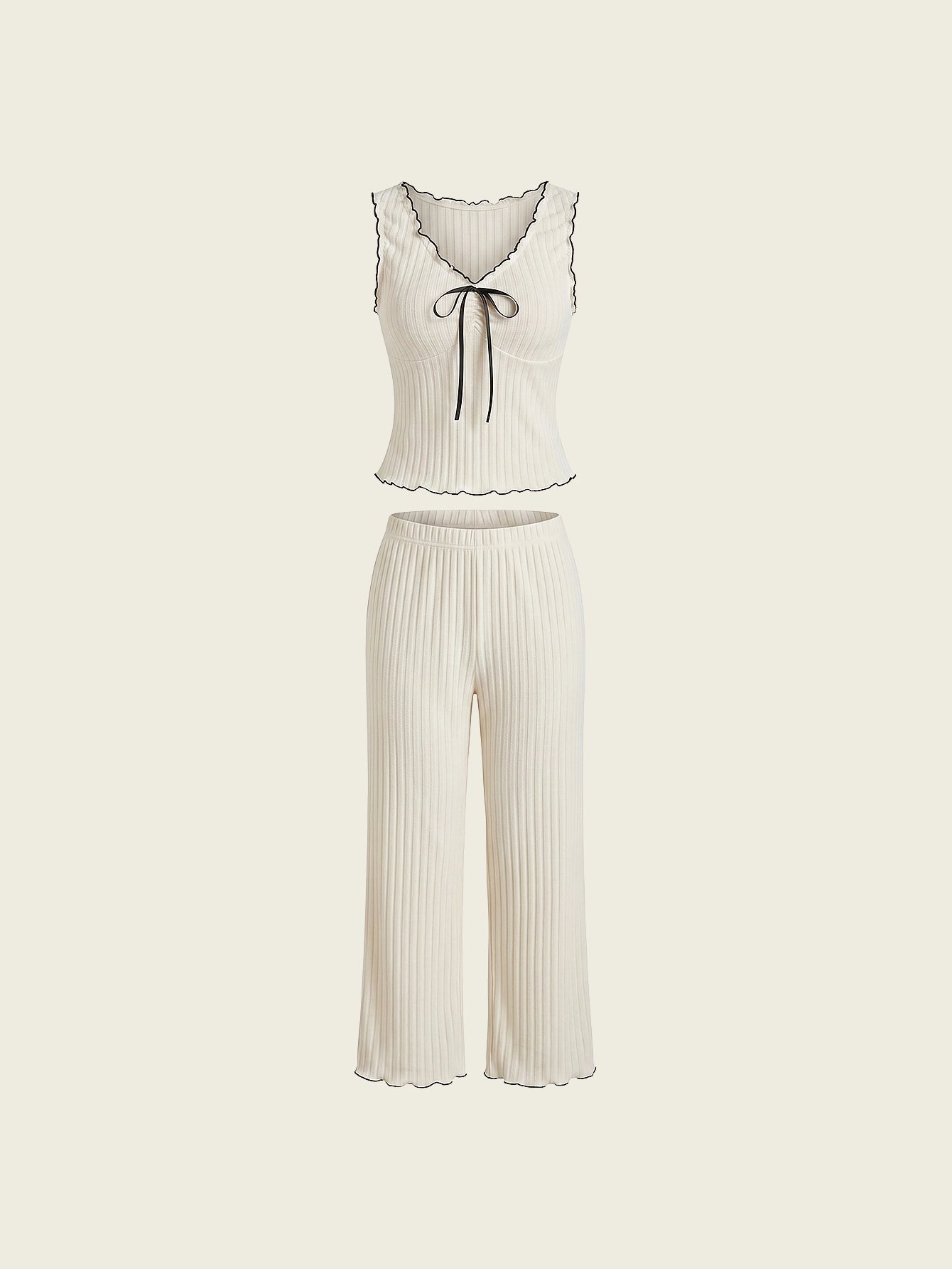 SHEIN Women's Pijama Contrast Trim Bow Decor Tank Top Wide-Leg Pants PJ Lounge Outfit Set
