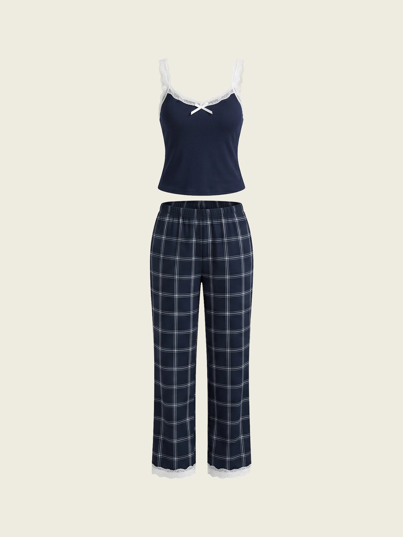 SHEIN Women's Pijama Contrast Color Lace Patchwork Camisole Plaid Print Long Pajama Pants Lace Suspender Pajama Set