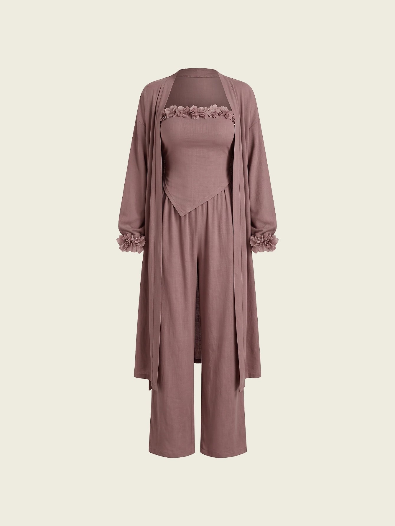 SHEIN DAZY Women's Pijama 3pcs Romantic 3D Floral Trim Robe Bustier Top Wide Leg Pants Cozy Lounge Outfit Set