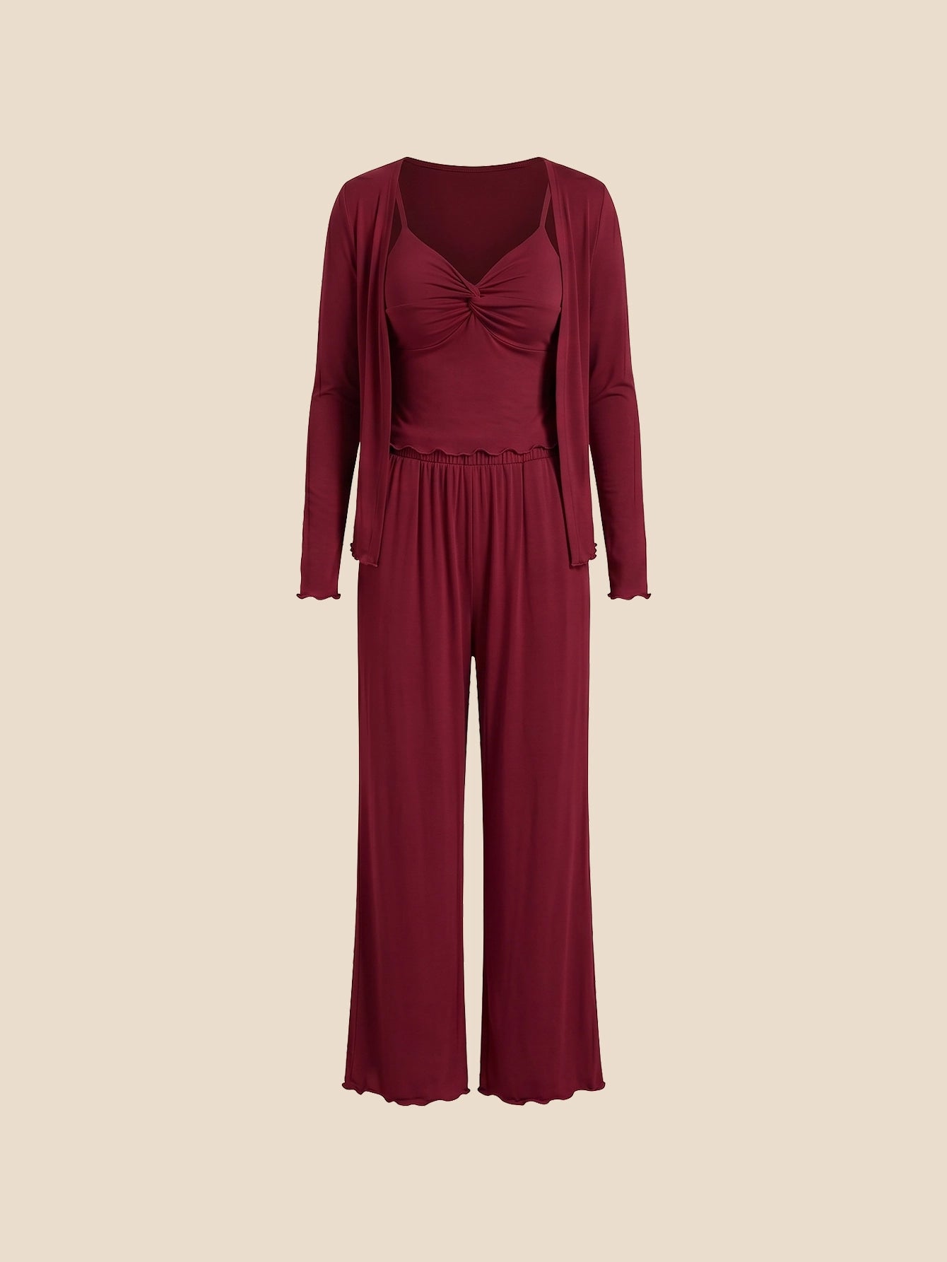 SHEIN DAZY Women's Pijama 3pcs Solid Color Knit Twist Camisole Cardigan Pants Loungewear Set Autumn