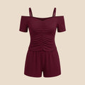 SHEIN Women's Pijama SweetSlumber Burgundy Knitted Ruched Off Shoulder Spaghetti Straps Shorts Pajama Set