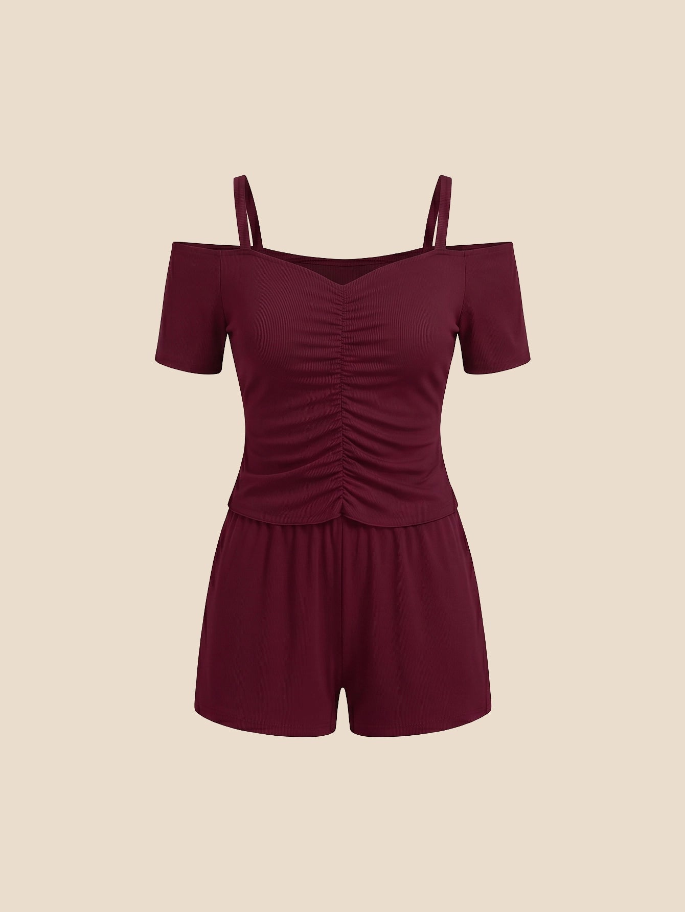 SHEIN Women's Pijama SweetSlumber Burgundy Knitted Ruched Off Shoulder Spaghetti Straps Shorts Pajama Set