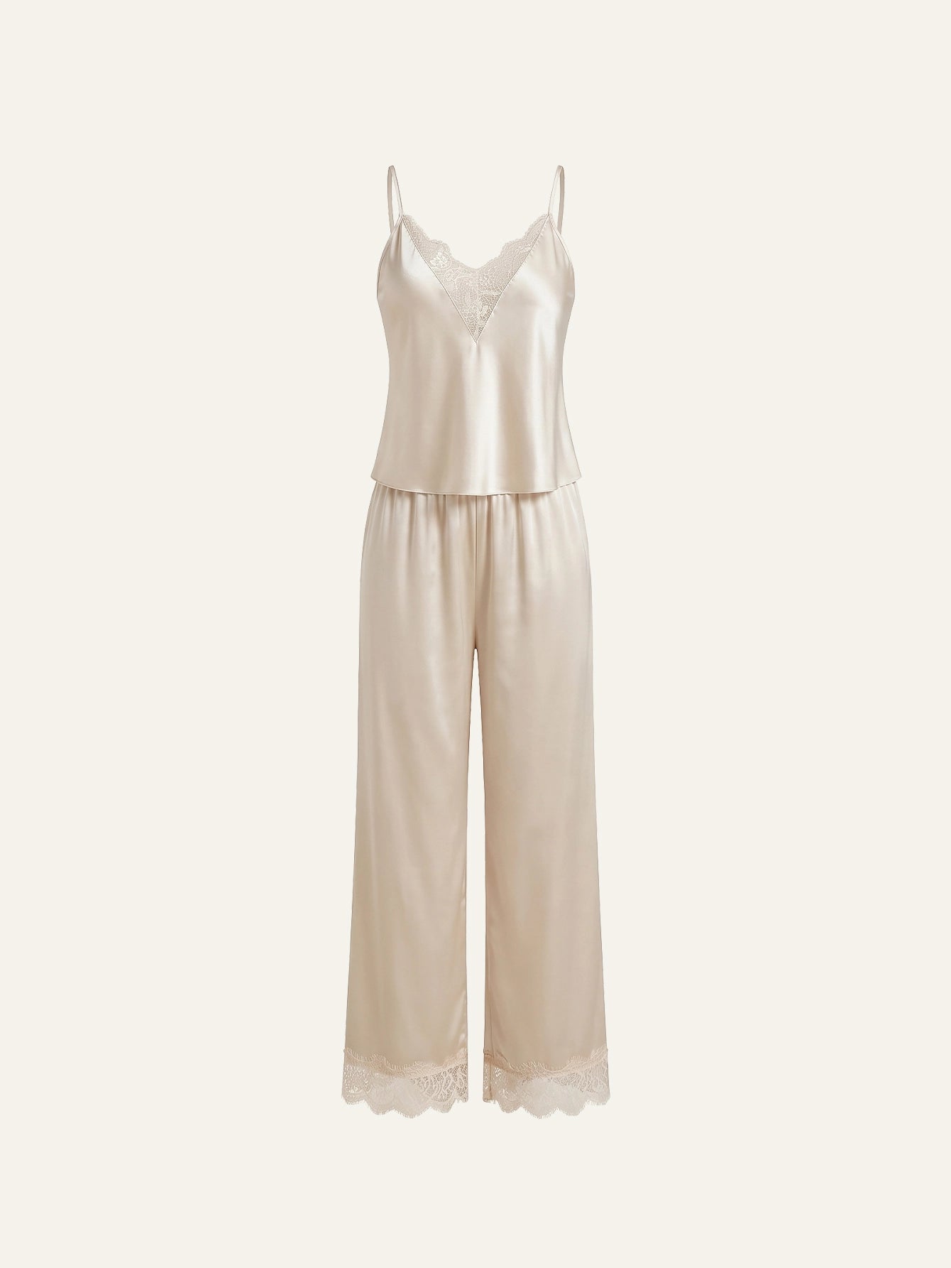 SHEIN Women's Pijama SilkySpell Eyelash Lace Panel Satin Cami Pants PJ Set