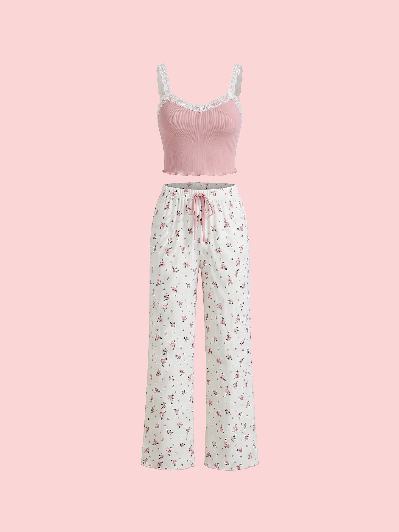 SHEIN Women's Pijama CottageSlumber Lace Trim Cami Floral Print Pants PJ Set Bridal Lingerie