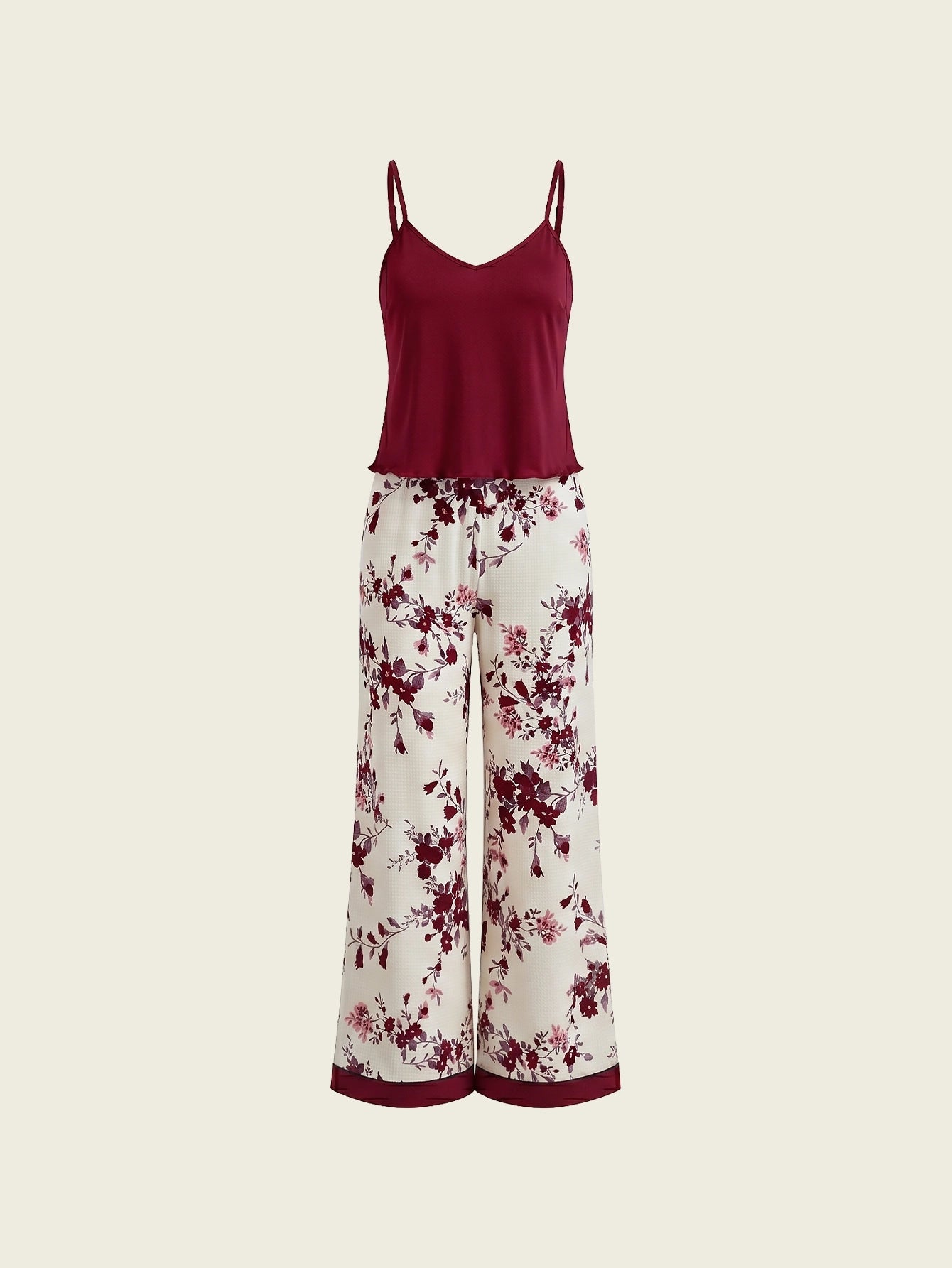 SHEIN Women's Pijama CottageSlumber Solid Color V-Neck Camisole Printed Lounge Pants Pajama Set Floral Holiday Cozy Elegant Set