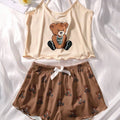 SHEIN Women Bear Print Lettuce Trim Cami And Shorts Set