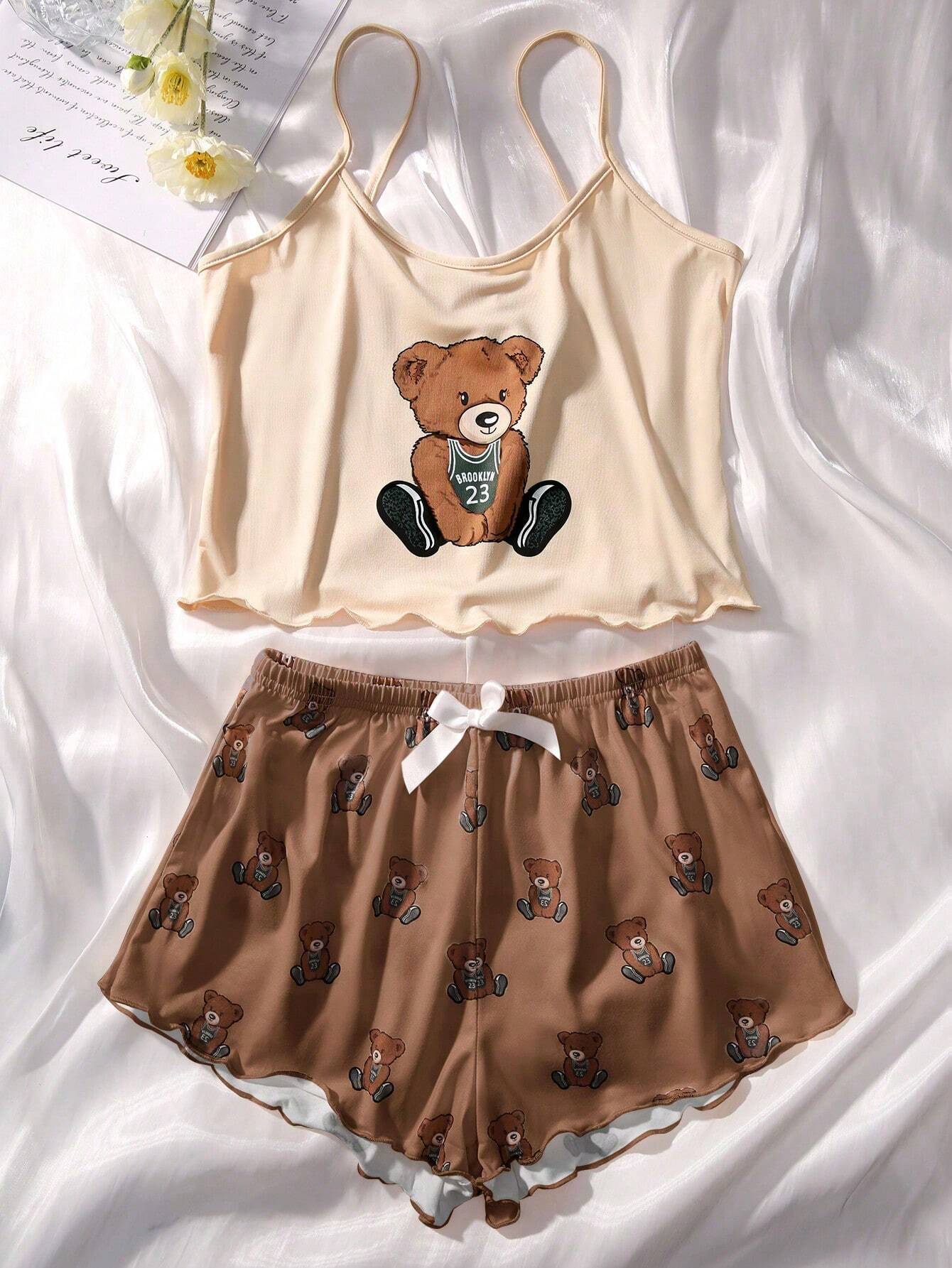 SHEIN Women Bear Print Lettuce Trim Cami And Shorts Set