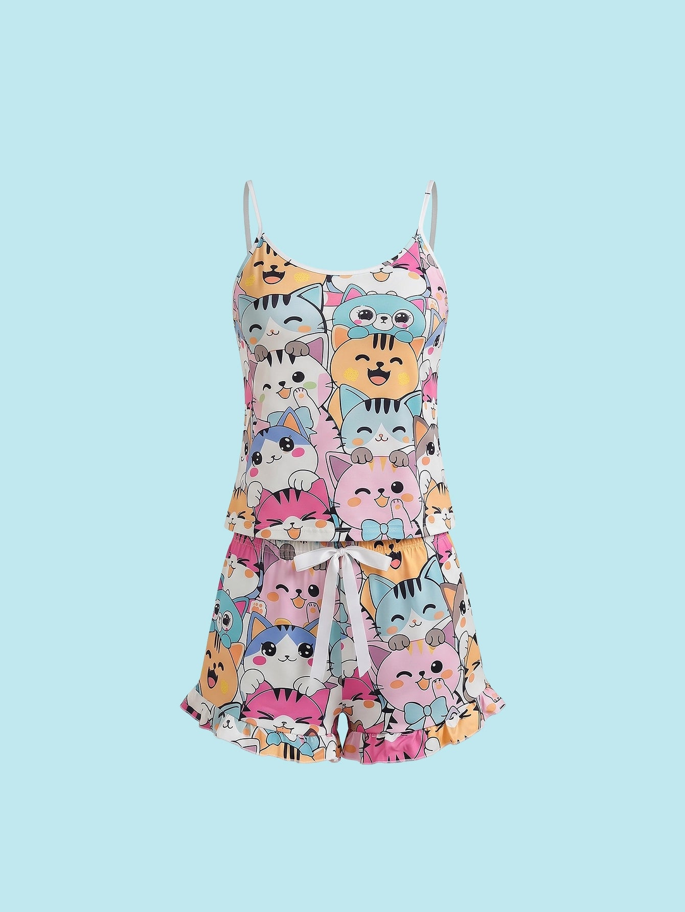 SHEIN Women's Pijama Snug Zone Cute Cat Print Camisole Shorts Sleepwear Pajama Set