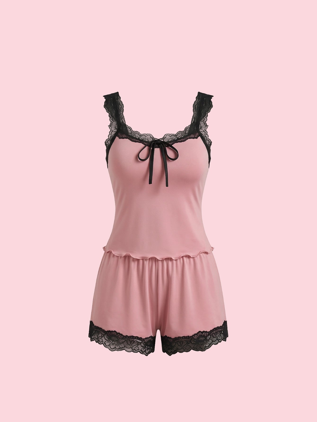 SHEIN Women's Pijama Snug Zone Lace Trim Cami Top Shorts Pajama Set Outfit