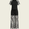 SHEIN Women's Pijama Snug Zone Summer Lace Patchwork Short Sleeve Top Pants Pajama Set Shoulder Insertion