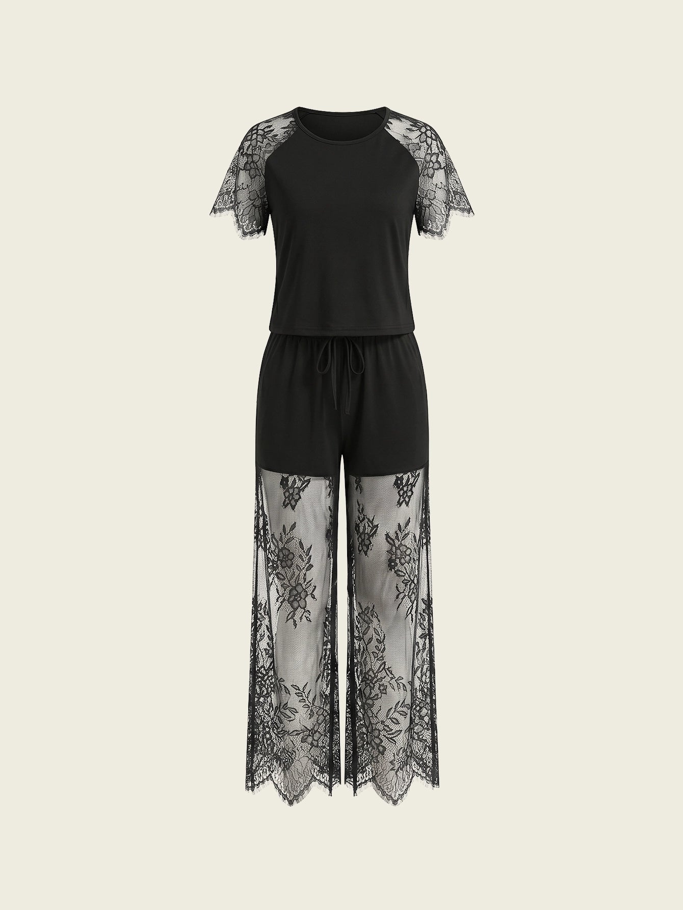 SHEIN Women's Pijama Snug Zone Summer Lace Patchwork Short Sleeve Top Pants Pajama Set Shoulder Insertion