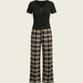 SHEIN Women's Pijama 2pcs Button Decor Solid Square Collar Short Sleeve Shirt Plaid Print Pants Pajamas Set