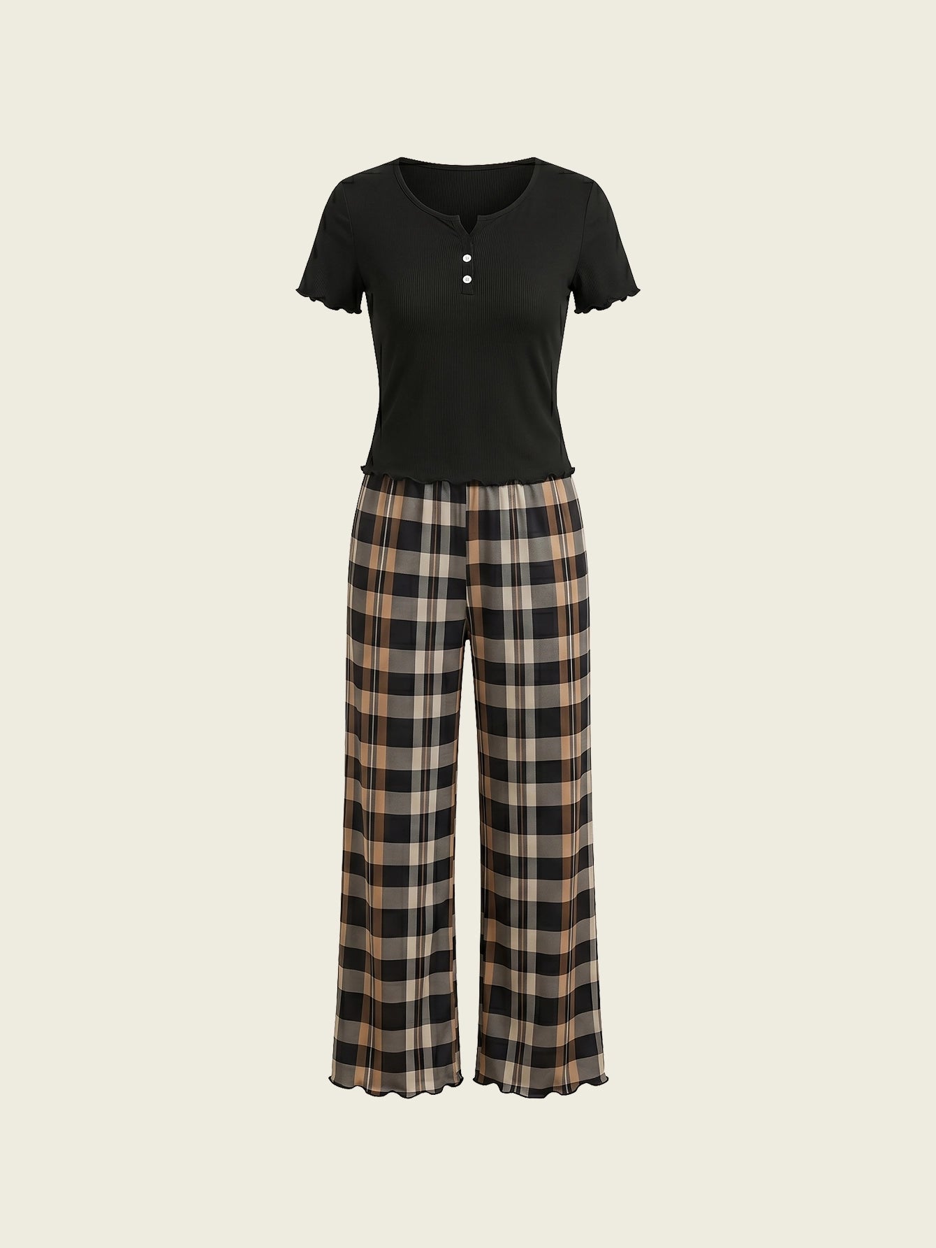 SHEIN Women's Pijama 2pcs Button Decor Solid Square Collar Short Sleeve Shirt Plaid Print Pants Pajamas Set