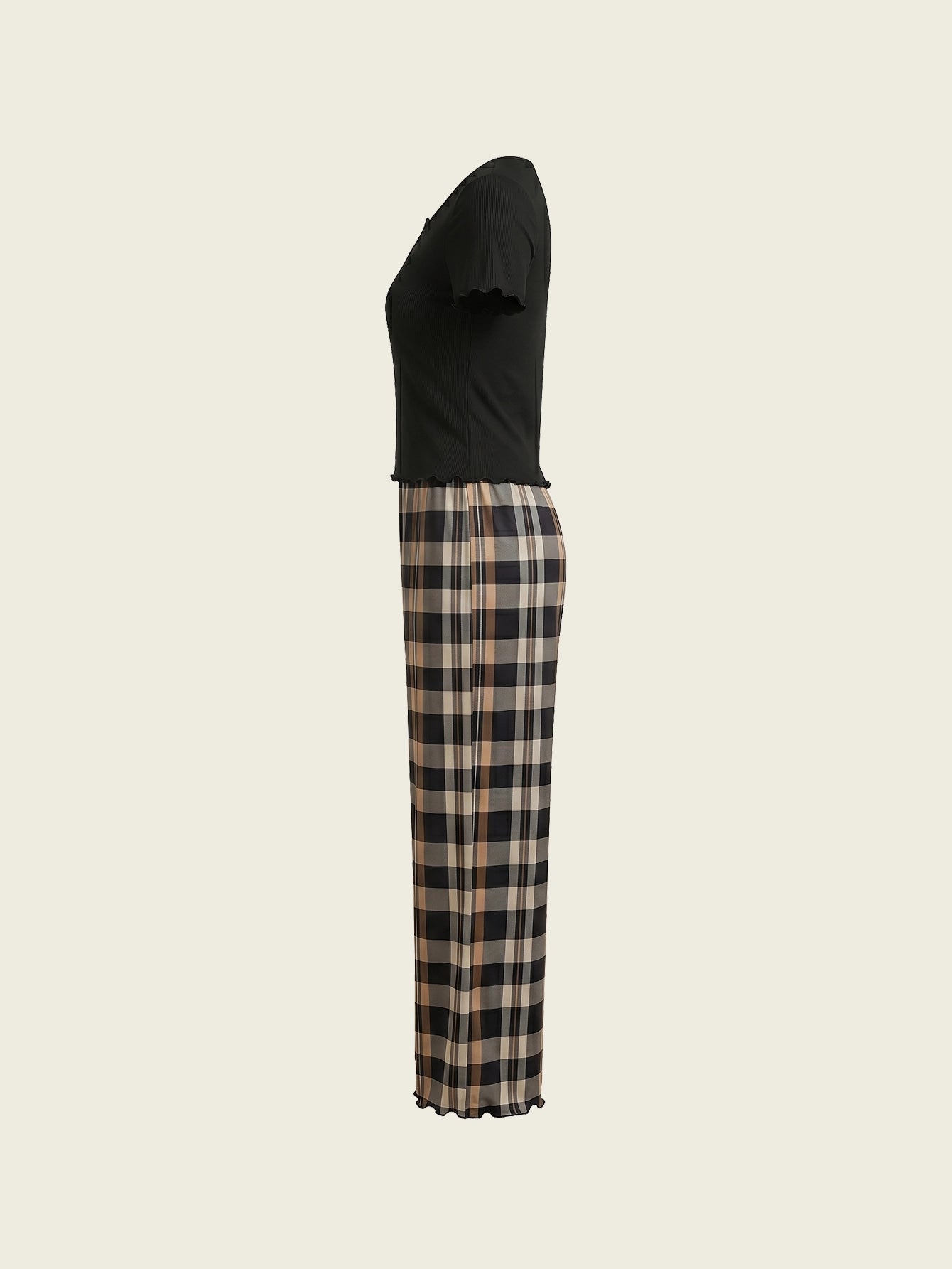 SHEIN Women's Pijama 2pcs Button Decor Solid Square Collar Short Sleeve Shirt Plaid Print Pants Pajamas Set