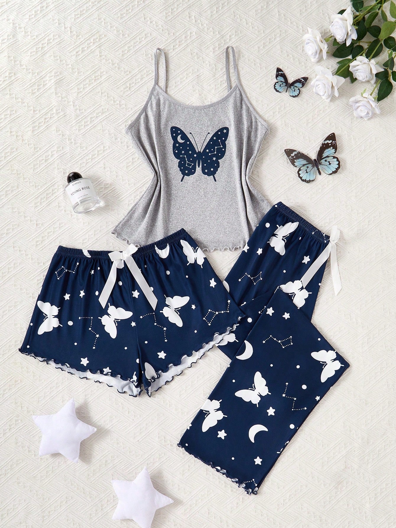 SHEIN Women 3-Piece Butterfly And Galaxy Print Pajama Set