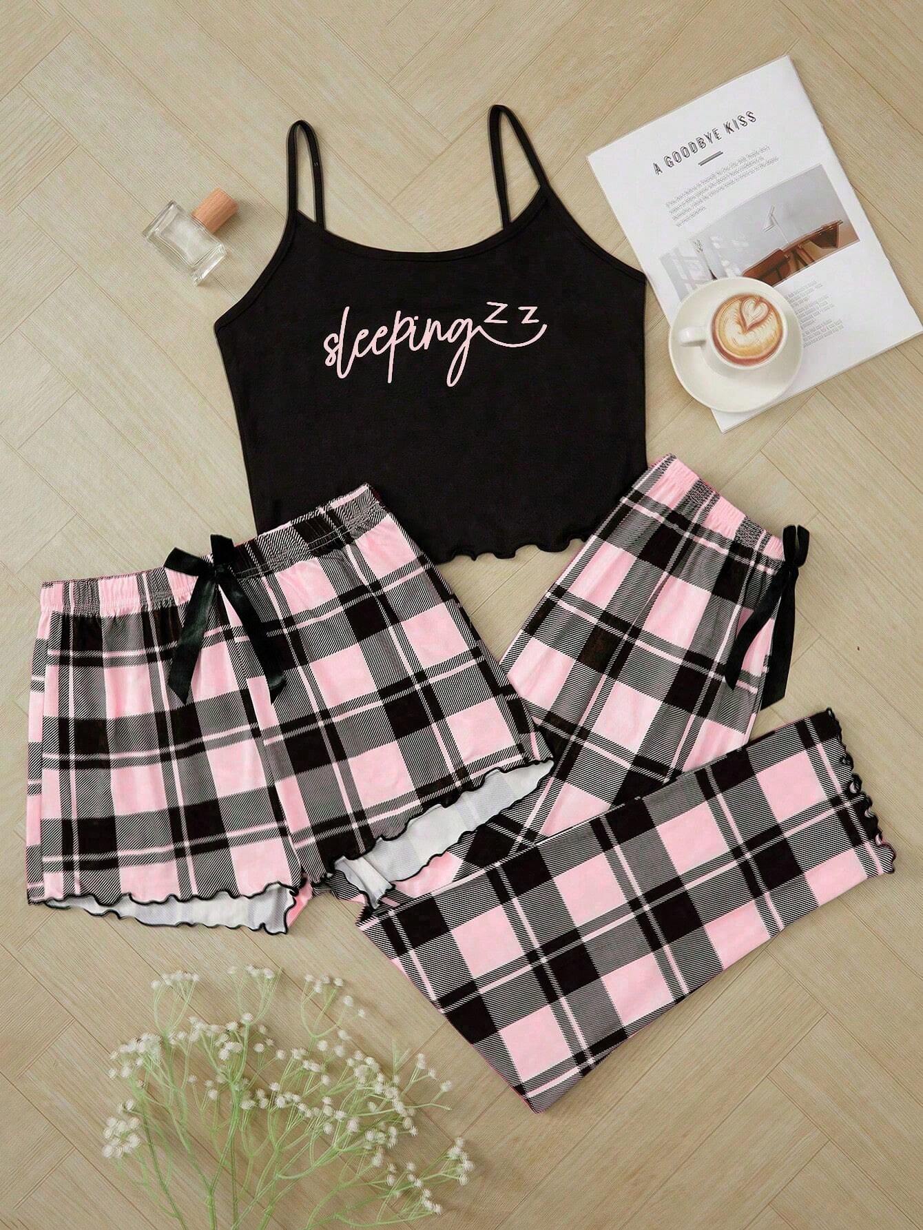 SHEIN Women 3-Piece Letter Print Camisole And Shorts Set