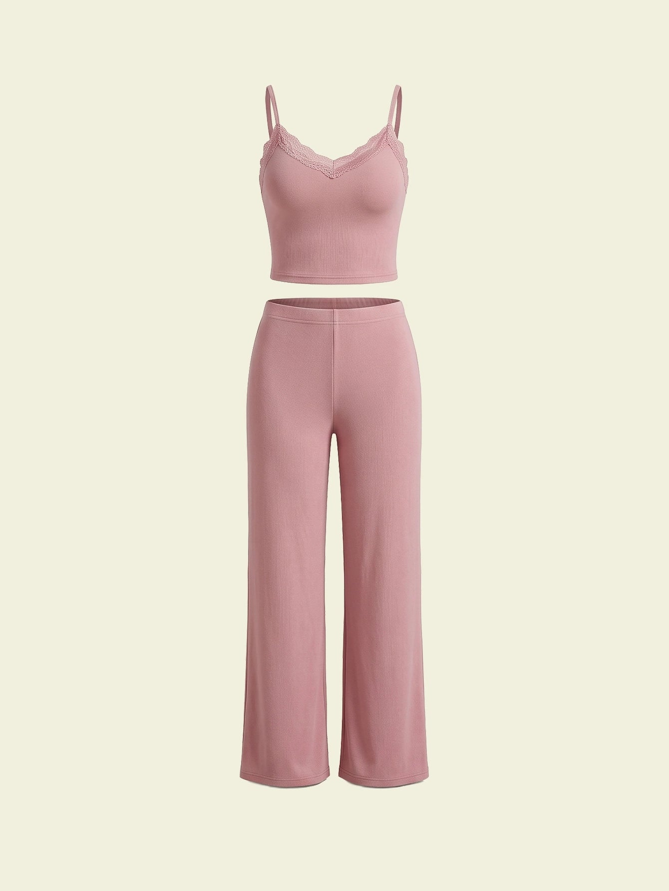 SHEIN DAZY Women's Pijama Solid Color Lace Patchwork Camisole Long Pants Loungewear Pajama Set