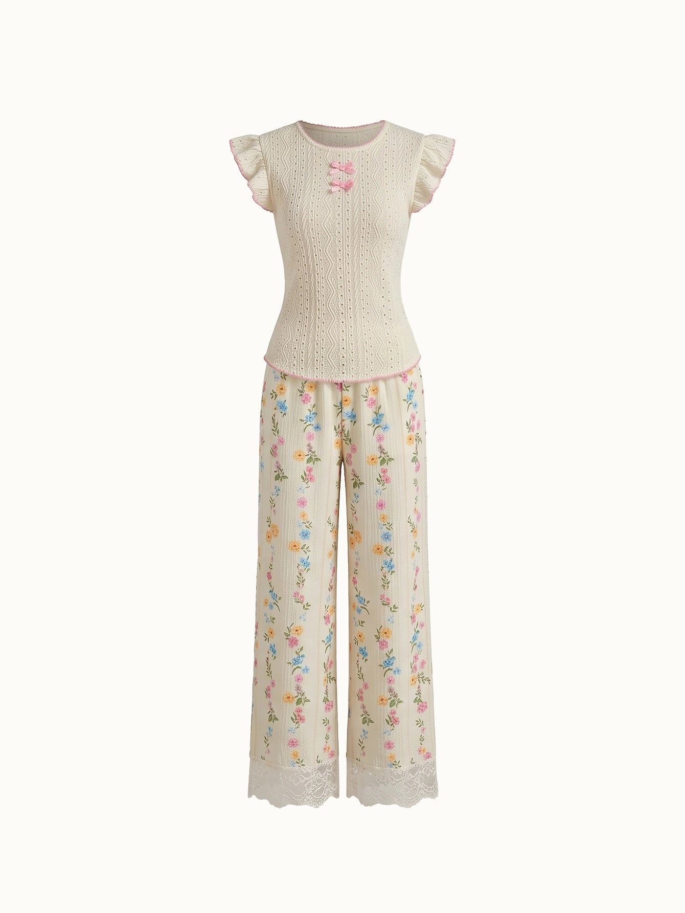 SHEIN Women's Pijama CottageSlumber V-Neck Back Short Sleeve Ditsy Floral Long Pants Jacquard Pajama Set