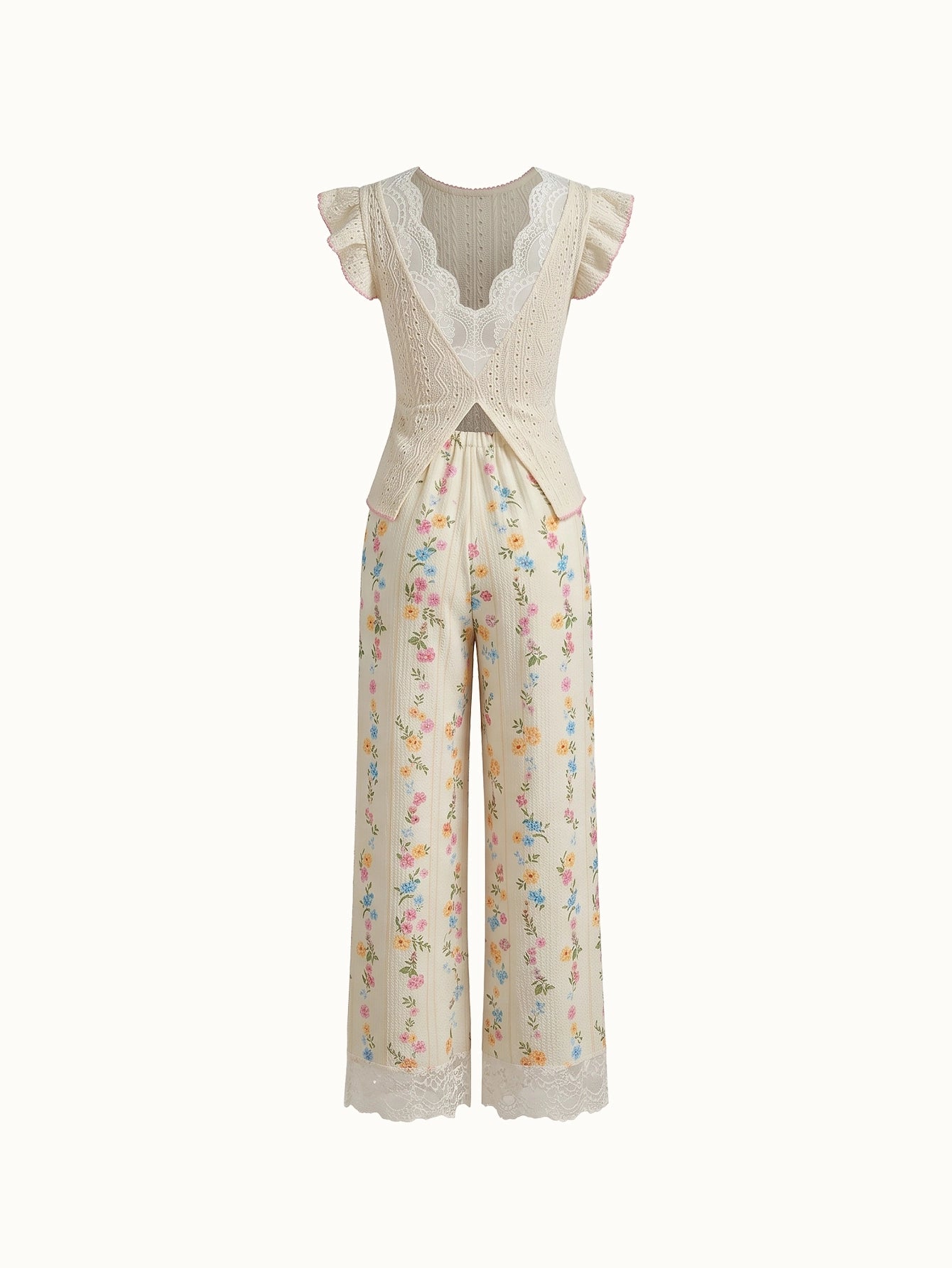 SHEIN Women's Pijama CottageSlumber V-Neck Back Short Sleeve Ditsy Floral Long Pants Jacquard Pajama Set