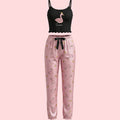 SHEIN Women's Pijama Cute Multicolor Knitted Spaghetti Strap Flamingo Print Lettuce Trim Pajama Set