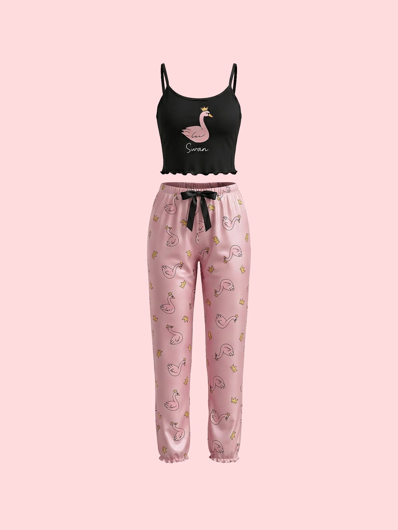 SHEIN Women's Pijama Cute Multicolor Knitted Spaghetti Strap Flamingo Print Lettuce Trim Pajama Set