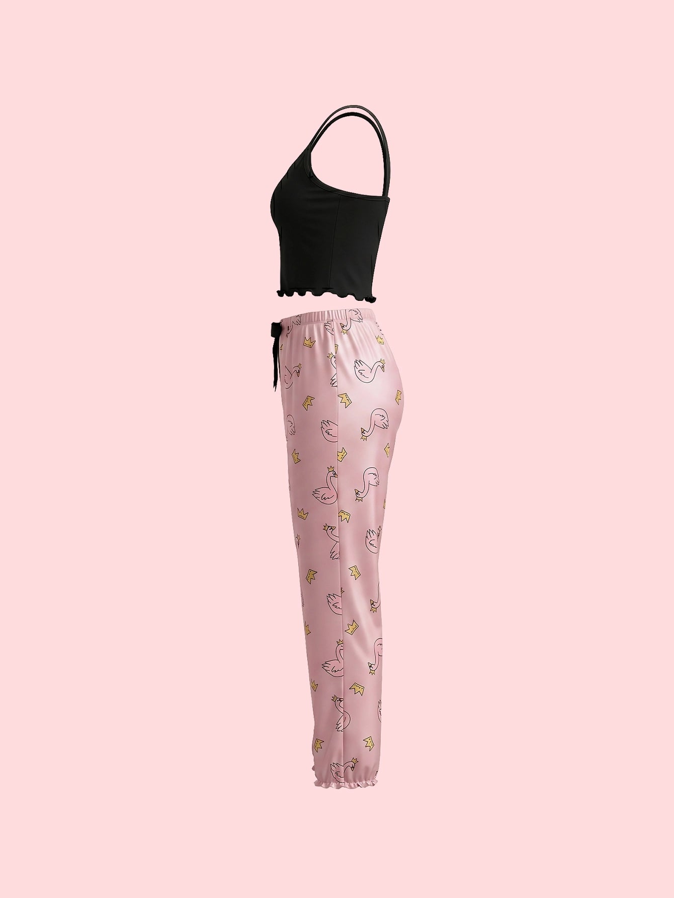 SHEIN Women's Pijama Cute Multicolor Knitted Spaghetti Strap Flamingo Print Lettuce Trim Pajama Set