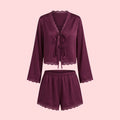 SHEIN DAZY Women's Pijama Romantic Lace Patchwork Satin Bowknot Top Shorts Pajama Set Fall Winter Clothes