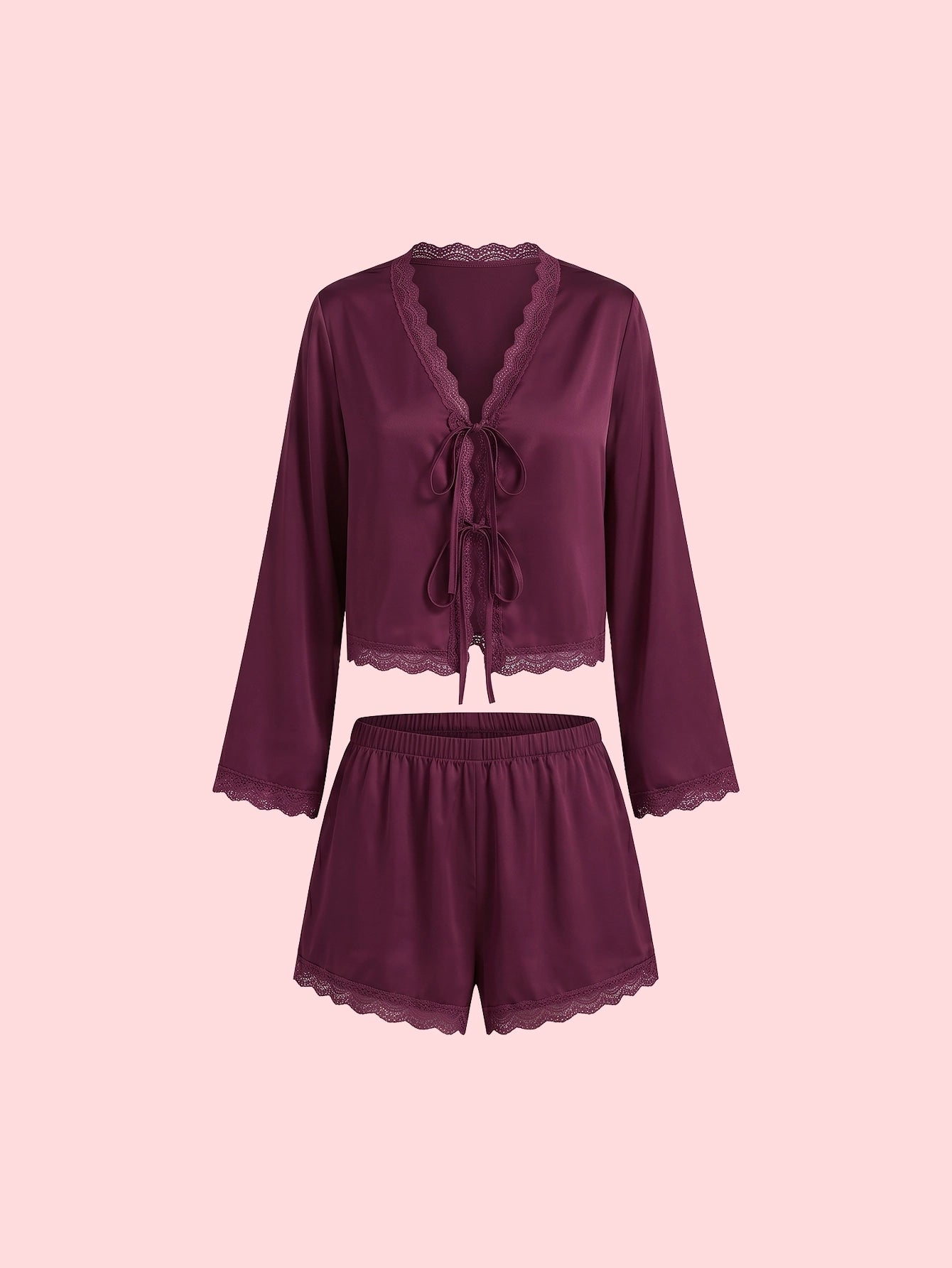 SHEIN DAZY Women's Pijama Romantic Lace Patchwork Satin Bowknot Top Shorts Pajama Set Fall Winter Clothes