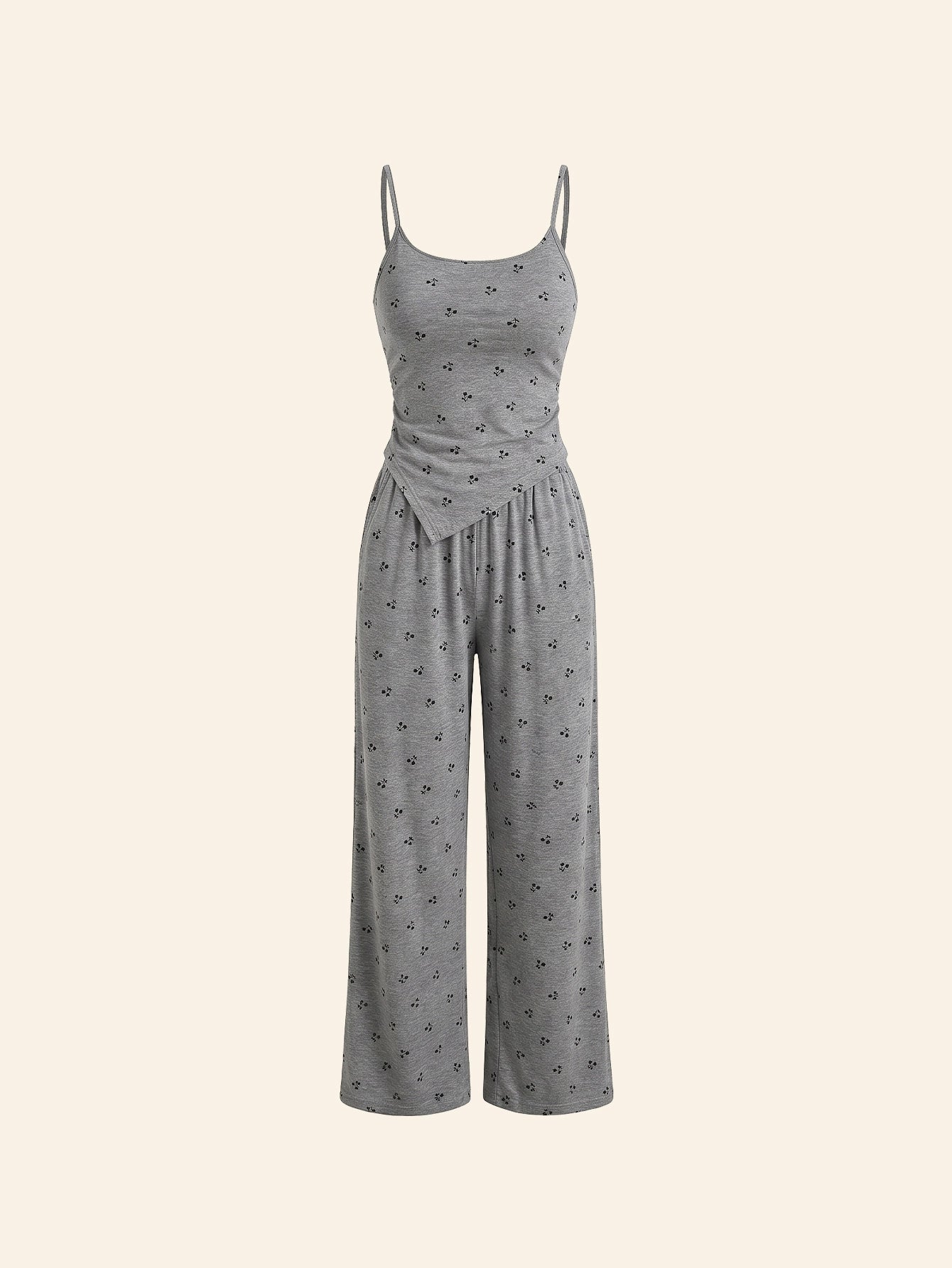 SHEIN DAZY Women's Pijama Asymmetrical Allover Print Loose Straight Leg Jumpsuit Pajama Set
