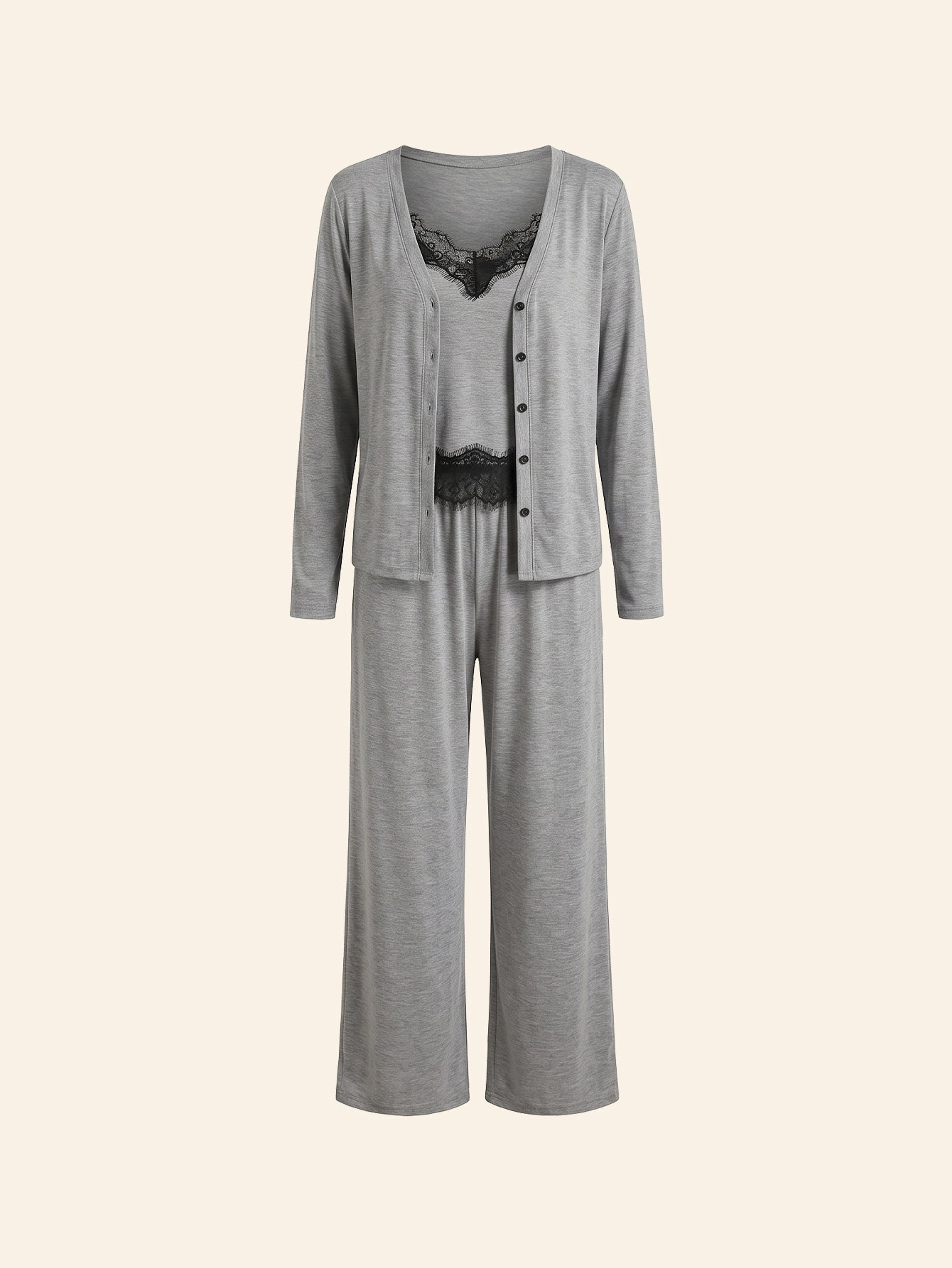 SHEIN DAZY Women's Pijama 3pcs Contrast Color Lace Patchwork Button Placket Top Camisole Pants Sleepwear Pajama Set Fall Winter Clothes