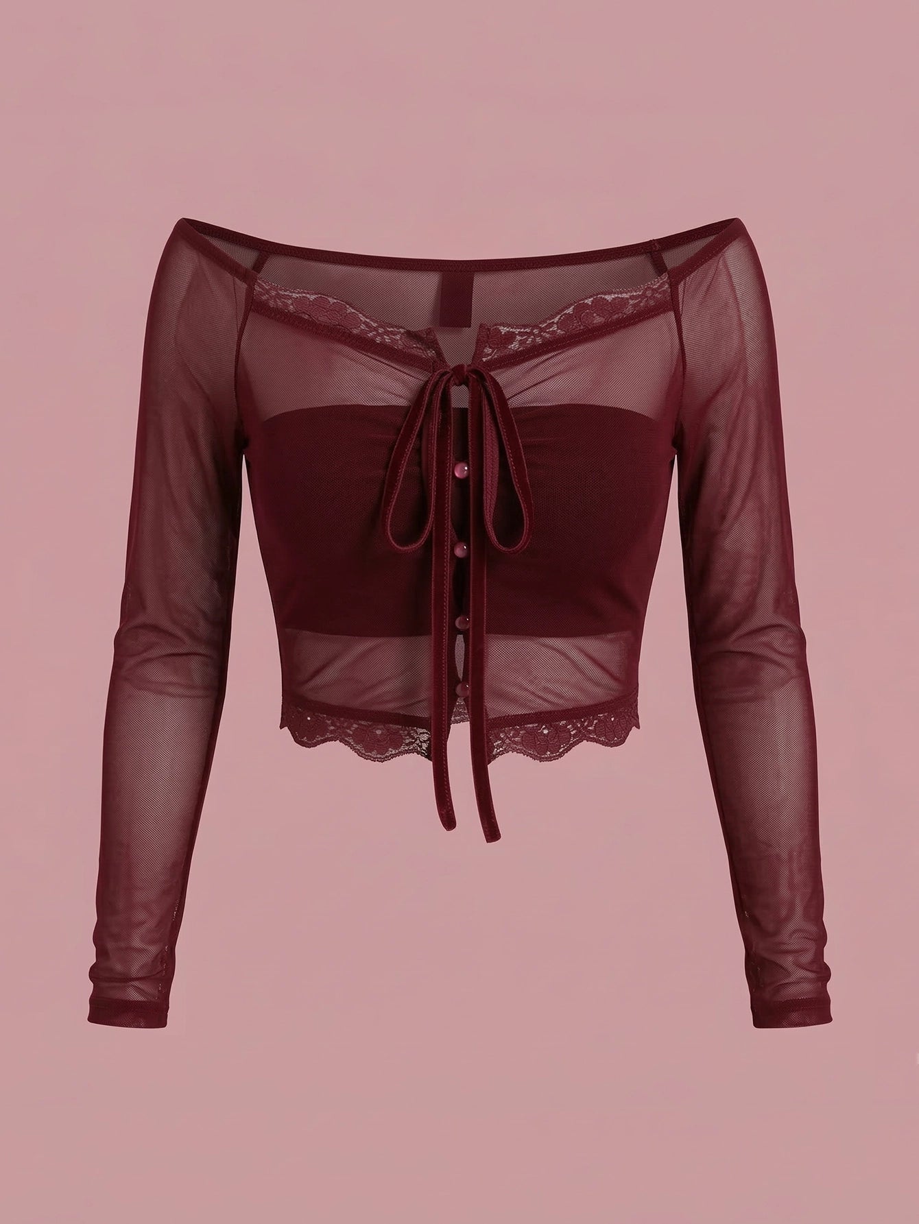 SHEIN Top DAZY Lace Patchwork Front Knot Sheer Crop Top