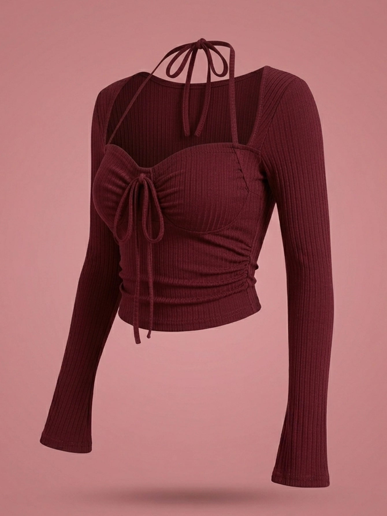 SHEIN Top DAZY Red Fitted Long Sleeve T-Shirt