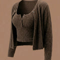 SHEIN Top DAZY 2pcs Brown Fuzzy Fitted Crop Cardigan Set
