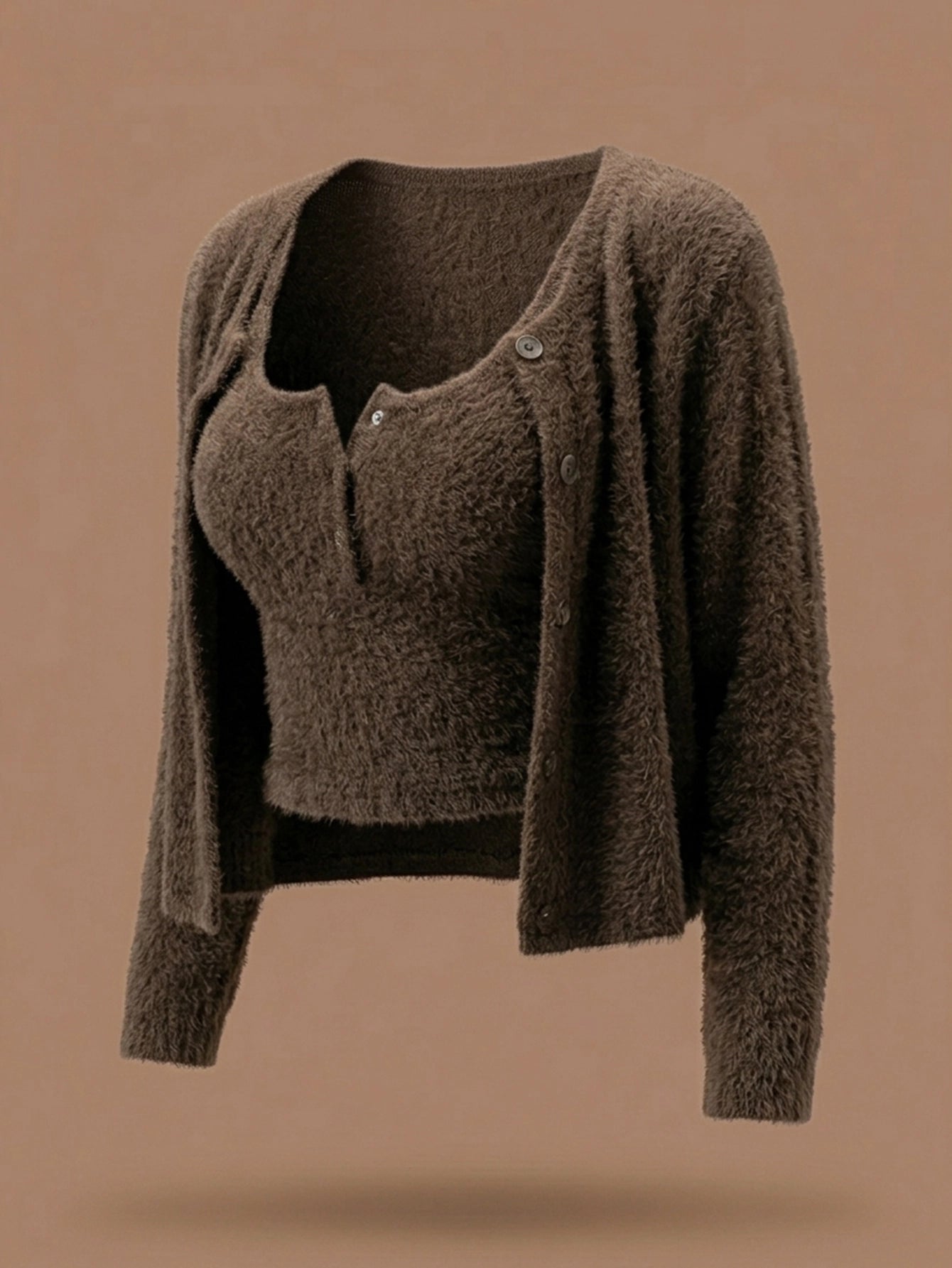 SHEIN Top DAZY 2pcs Brown Fuzzy Fitted Crop Cardigan Set