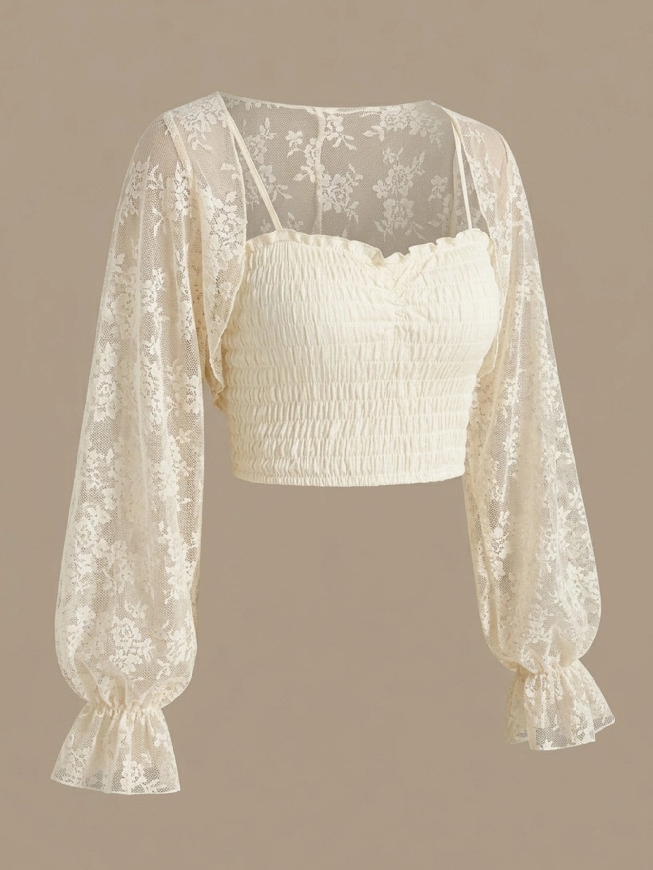 SHEIN Top FRIFUL Lace Bat Sleeve Sheer Ruffle Top Summer