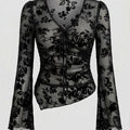 SHEIN Top DAZY Ditsy Floral Asymmetric Drawstring V-Neck Fitted Bell Sleeve Blouse