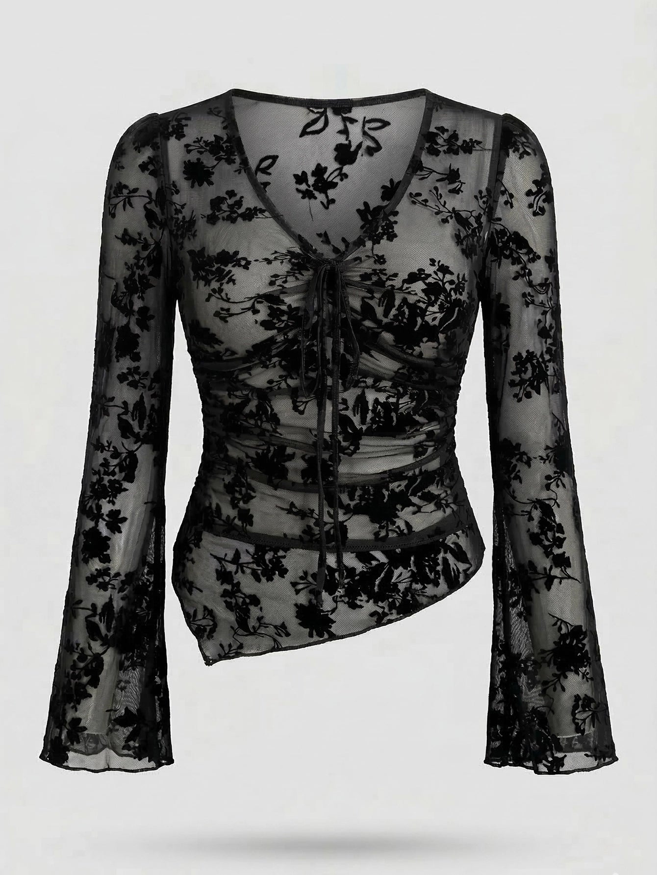 SHEIN Top DAZY Ditsy Floral Asymmetric Drawstring V-Neck Fitted Bell Sleeve Blouse
