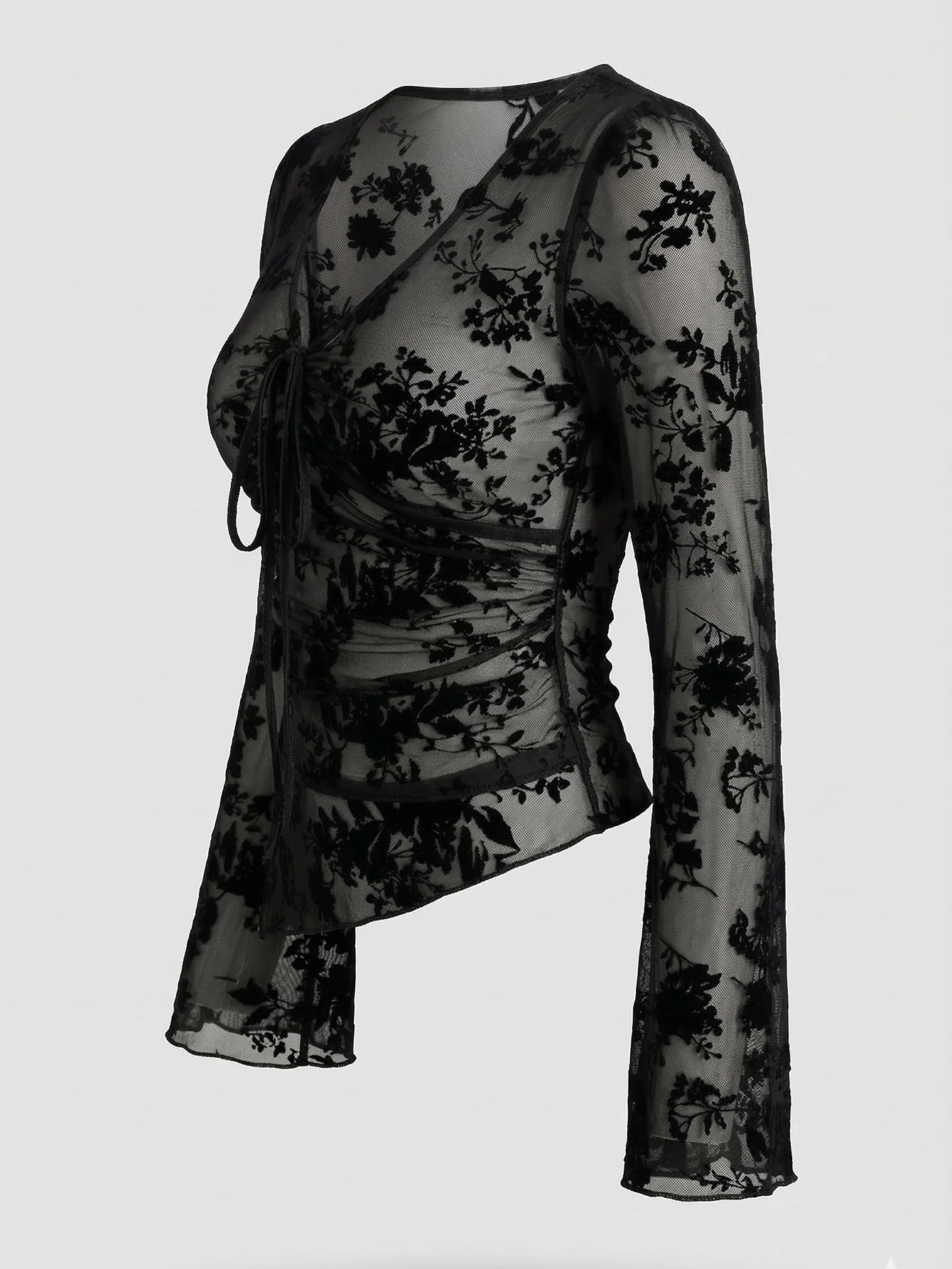SHEIN Top DAZY Ditsy Floral Asymmetric Drawstring V-Neck Fitted Bell Sleeve Blouse