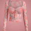 SHEIN Top DAZY 2-In-1 Floral Drawstring Slim Fit Long Sleeve Crop T-Shirt Top