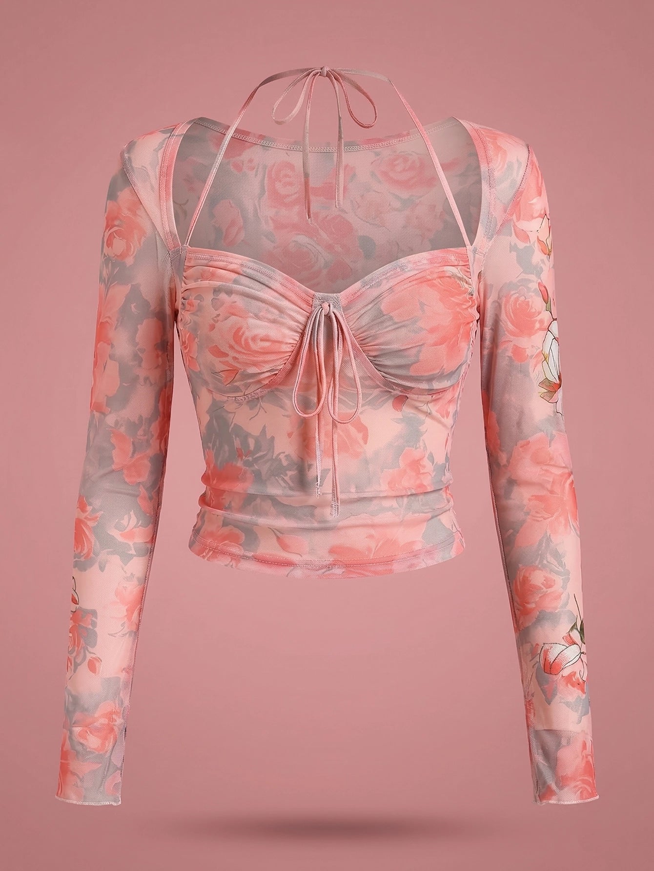SHEIN Top DAZY 2-In-1 Floral Drawstring Slim Fit Long Sleeve Crop T-Shirt Top