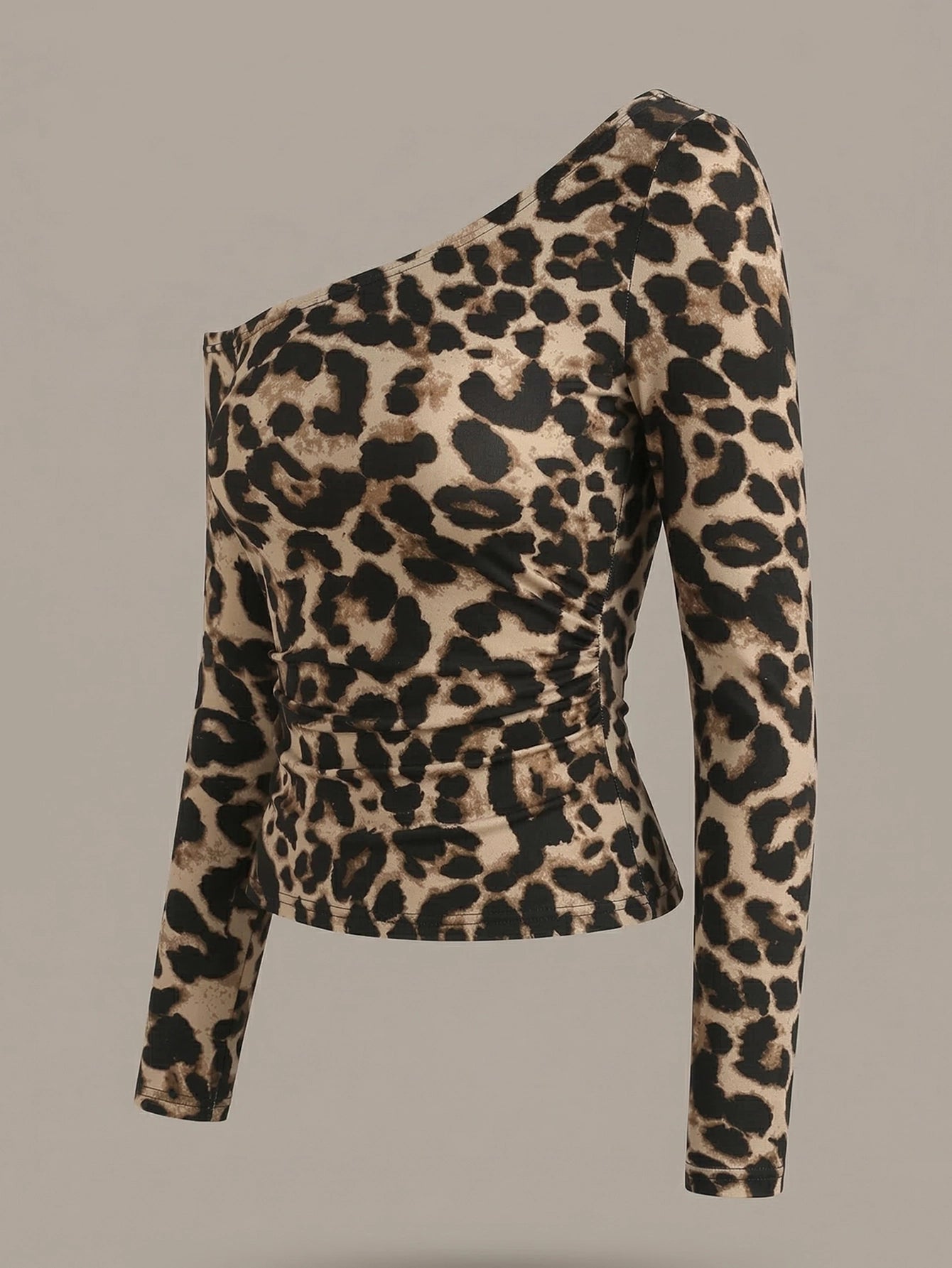 SHEIN Top DAZY Star Leopard Print Asymmetrical Shoulder Fitted Long Sleeve T-Shirt