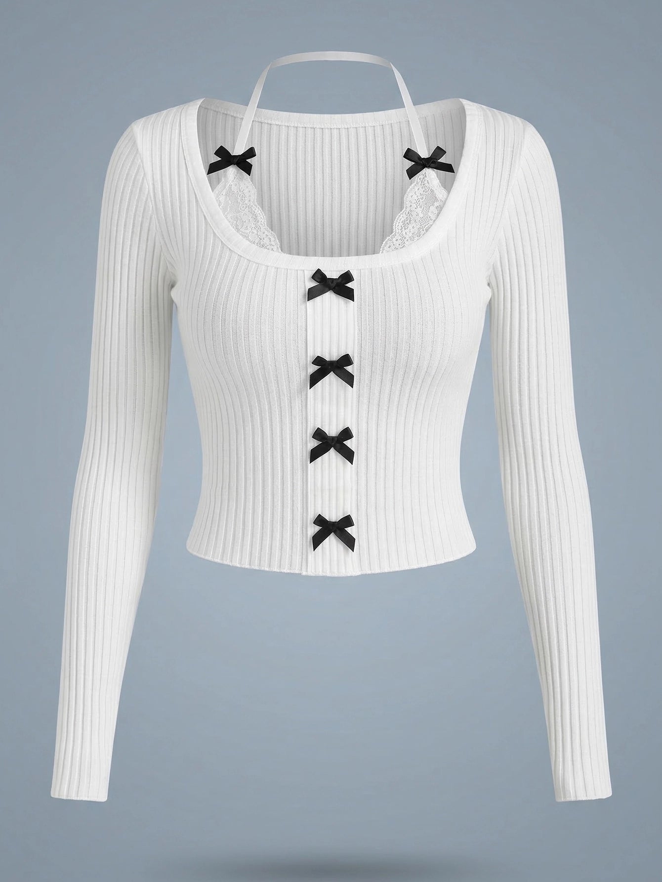 SHEIN Top DAZY Lace Splicing Bowknot Decoration Long Sleeve T-Shirt