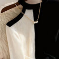 SHEIN Top Franclia Color Block Asymmetric Shoulder Ribbed Knit Long Sleeve Top