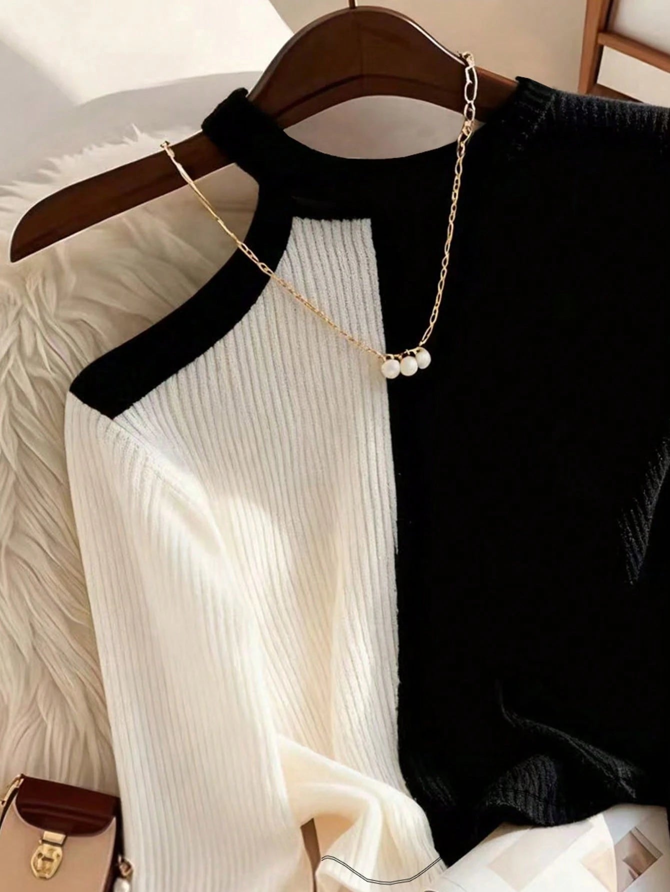 SHEIN Top Franclia Color Block Asymmetric Shoulder Ribbed Knit Long Sleeve Top