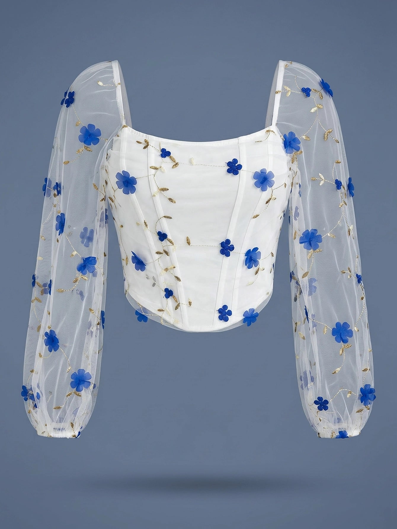 SHEIN Top Chiquease Floral Embroidery Mesh Square Neck Long Sleeve Top