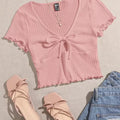 SHEIN Top SHEIN EZwear Lettuce Trim Knot Front Waffle Knit V-Neck Short Sleeve Tee