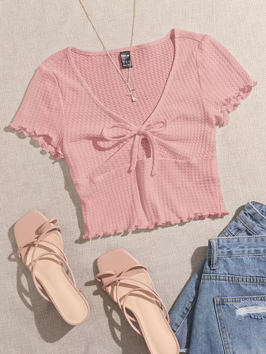 SHEIN Top SHEIN EZwear Lettuce Trim Knot Front Waffle Knit V-Neck Short Sleeve Tee
