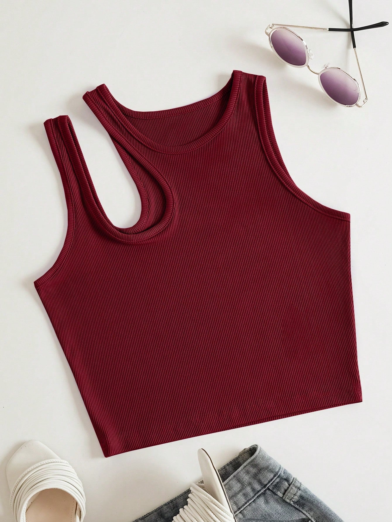 SHEIN Top INAWLY Solid Cut Out Shoulder Ribbed Knit Summer Tank Top