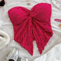 SHEIN Top Soleia Rose Red Knit Jacquard Twist Front Cropped Asymmetrical Tube Top