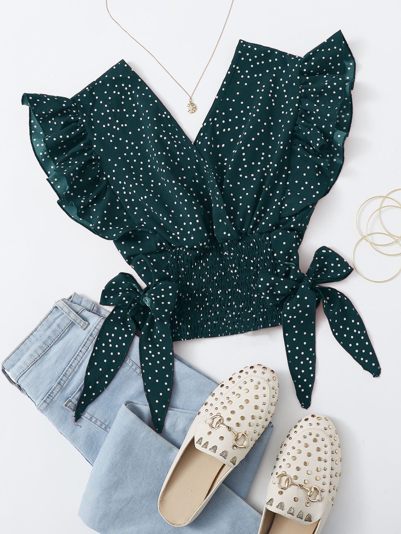 SHEIN Top Trelyra Polka Dot Ruffle Armhole Shirred Hem Top